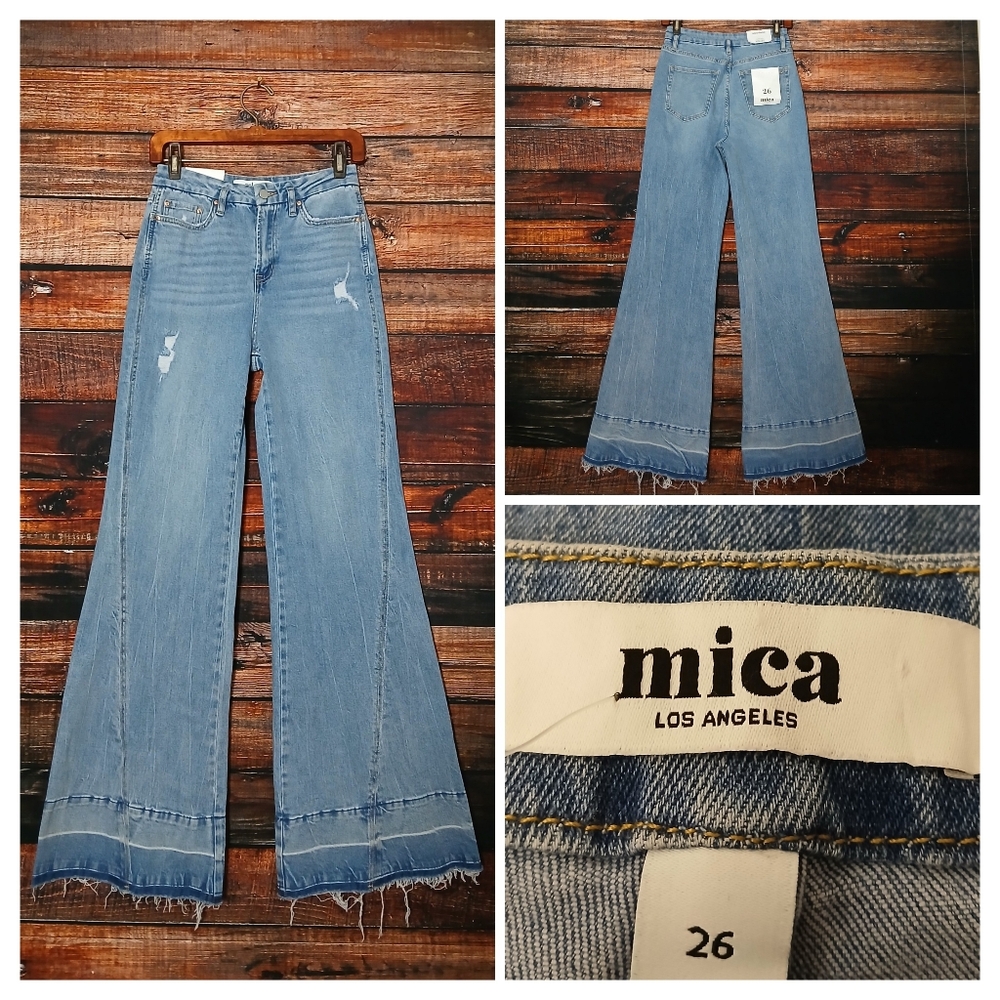 NWT Mica Denim Jeans 26 Super High Rise Wide Leg Distressed Raw Hem Stretch